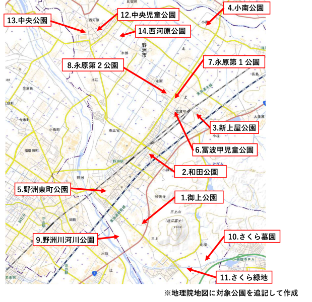 野洲市公園施設長寿命化計画の対象公園の場所を示した地図