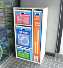 縦長の箱に品目ごとにイラストと色を付けて分けた4つの引き出しがある回収リサイクルポストの写真
