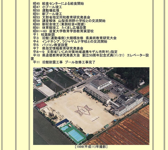 昭和45年から平成11年の出来事と1999年の中主小学校の校舎の写真