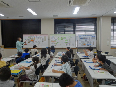 作業着を着た男性が屋内で長机に座る児童たちにホワイトボードに張り付いた図解を説明している写真